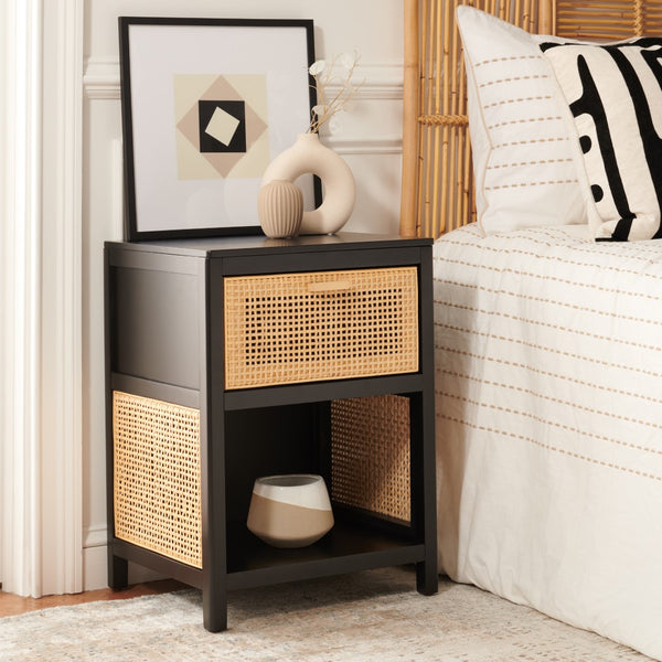Miya Night Stand - Modern Rattan Accent Table with Drawer and Open Shelf for Stylish Organization