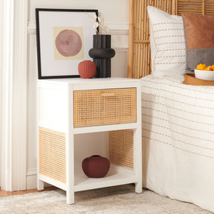 Miya Night Stand - Modern Rattan Accent Table with Drawer and Open Shelf for Stylish Organization