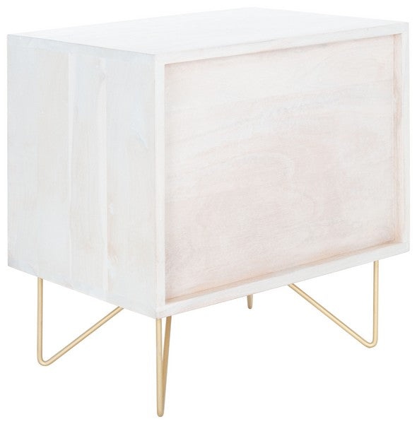 Raveena Nightstand in White Wash - Contemporary Storage Solution with Honeycomb Design & Brass Accents