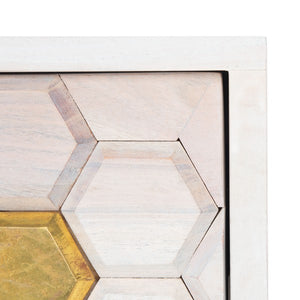 Raveena Nightstand in White Wash - Contemporary Storage Solution with Honeycomb Design & Brass Accents