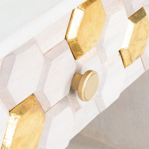 Raveena Nightstand in White Wash - Contemporary Storage Solution with Honeycomb Design & Brass Accents