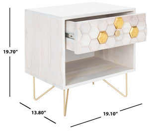 Raveena Nightstand in White Wash - Contemporary Storage Solution with Honeycomb Design & Brass Accents