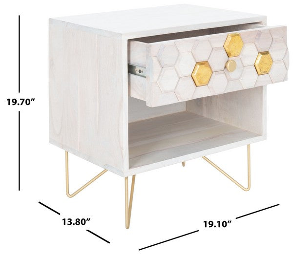 Raveena Nightstand in White Wash - Contemporary Storage Solution with Honeycomb Design & Brass Accents