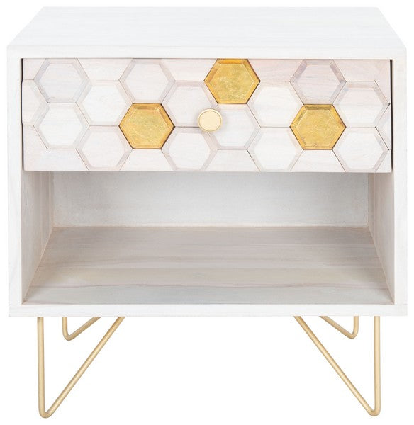 Raveena Nightstand in White Wash - Contemporary Storage Solution with Honeycomb Design & Brass Accents