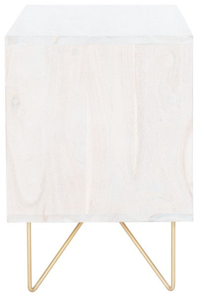 Raveena Nightstand in White Wash - Contemporary Storage Solution with Honeycomb Design & Brass Accents