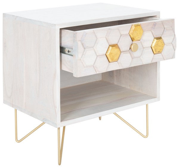 Raveena Nightstand in White Wash - Contemporary Storage Solution with Honeycomb Design & Brass Accents