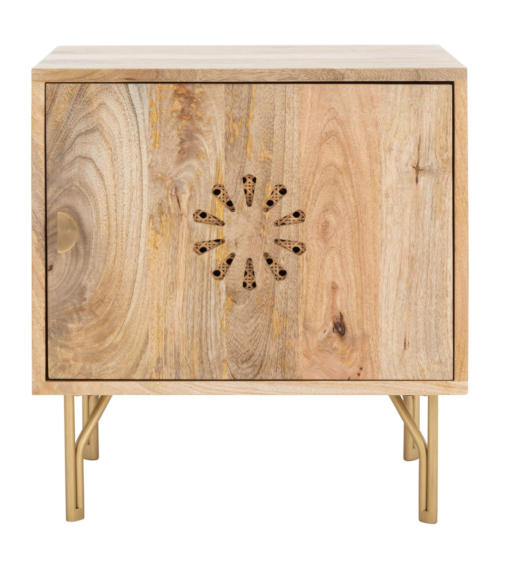 Flora Contemporary Nightstand with Abstract Floral Design, Natural Mango Wood & Elegant Brass Legs