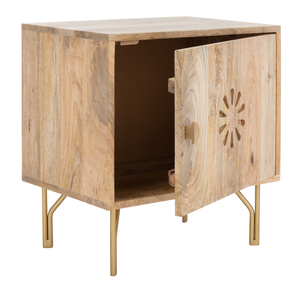 Flora Contemporary Nightstand with Abstract Floral Design, Natural Mango Wood & Elegant Brass Legs