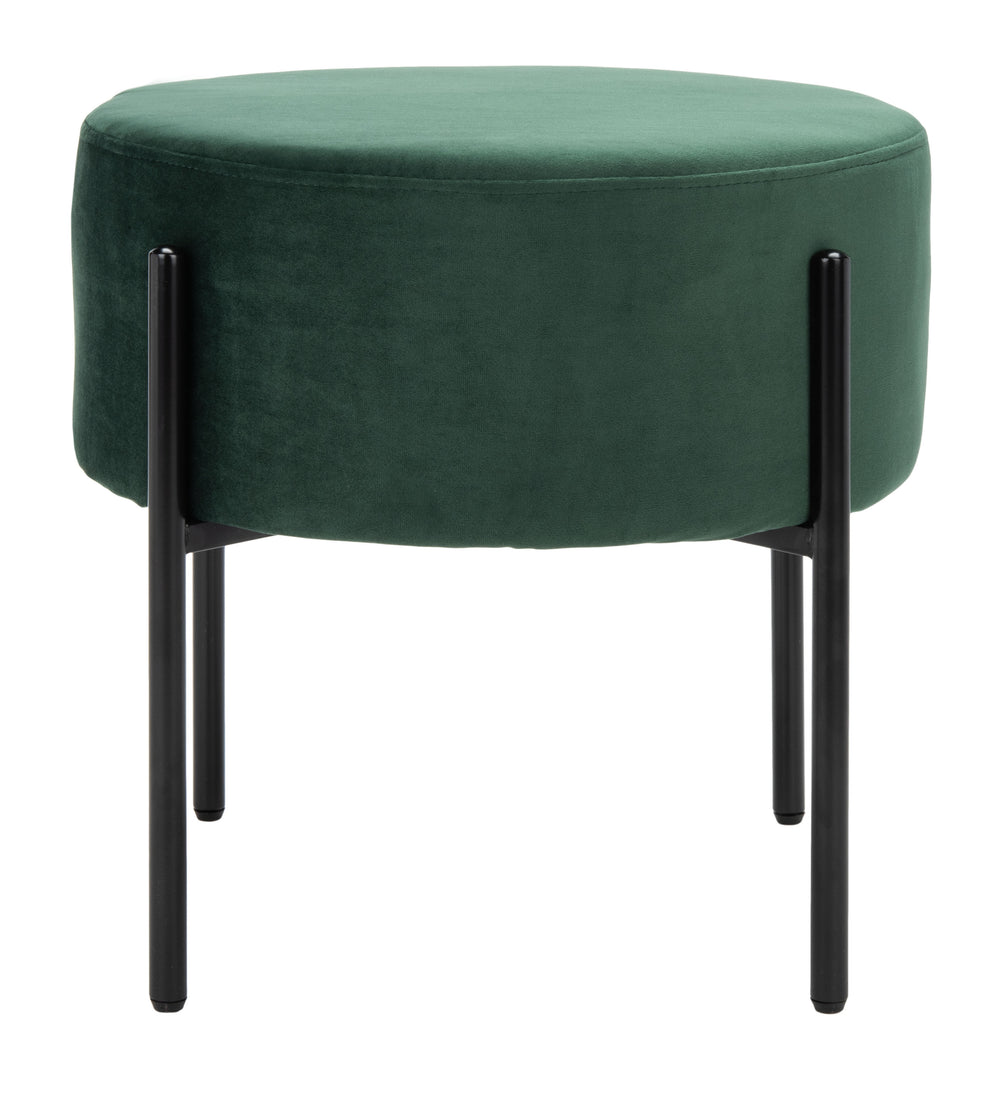 Lisbon Round Ottoman – Plush Malachite Green Velvet Footrest with Sleek Black Matte Legs for Elegance