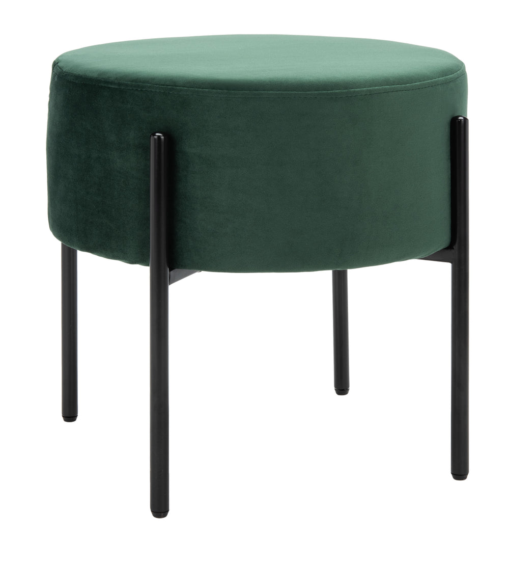 Lisbon Round Ottoman – Plush Malachite Green Velvet Footrest with Sleek Black Matte Legs for Elegance