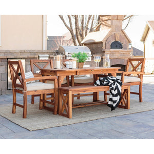 6-Piece X-Back Acacia Wood Outdoor Patio Dining Set with Cushions - Brown