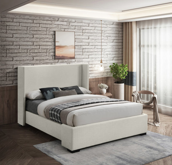 Oxford Linen Textured Fabric: 22% Linen, 33% Cotton, 35% Polyester / Engineered Wood / Foam Mid Century Modern Beige Linen Textured Fabric King Bed (3 Boxes) - 85" W x 86.6" D x 53" H