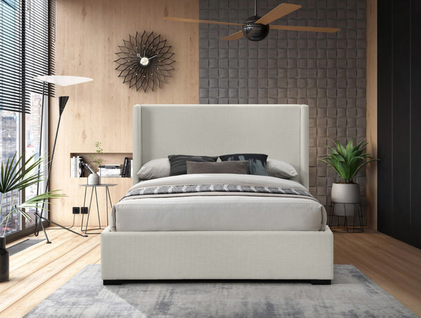 Oxford Linen Textured Fabric: 22% Linen, 33% Cotton, 35% Polyester / Engineered Wood / Foam Mid Century Modern Beige Linen Textured Fabric King Bed (3 Boxes) - 85" W x 86.6" D x 53" H