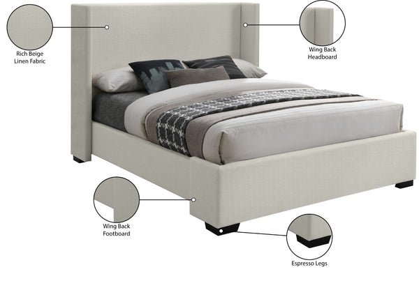 Oxford Linen Textured Fabric: 22% Linen, 33% Cotton, 35% Polyester / Engineered Wood / Foam Mid Century Modern Beige Linen Textured Fabric Queen Bed (3 Boxes) - 69" W x 86.6" D x 53" H