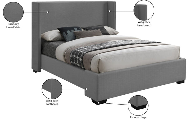 Oxford Linen Textured Fabric: 22% Linen, 33% Cotton, 35% Polyester / Engineered Wood / Foam Mid Century Modern Grey Linen Textured Fabric Queen Bed (3 Boxes) - 69" W x 86.6" D x 53" H
