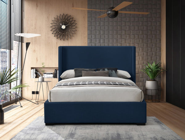 Oxford Linen Textured Fabric: 22% Linen, 33% Cotton, 35% Polyester / Engineered Wood / Foam Mid Century Modern Navy Linen Textured Fabric King Bed (3 Boxes) - 85" W x 86.6" D x 53" H