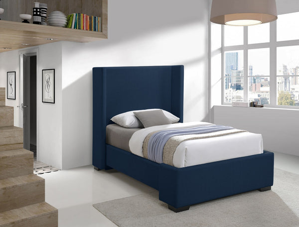Oxford Linen Textured Fabric: 22% Linen, 33% Cotton, 35% Polyester / Engineered Wood / Foam Mid Century Modern Navy Linen Textured Fabric Twin Bed (3 Boxes) - 47.5" W x 81.1" D x 53" H