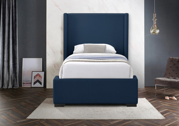 Oxford Linen Textured Fabric: 22% Linen, 33% Cotton, 35% Polyester / Engineered Wood / Foam Mid Century Modern Navy Linen Textured Fabric Twin Bed (3 Boxes) - 47.5" W x 81.1" D x 53" H