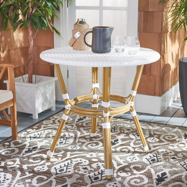 Sidford Rattan Bistro Table - Elegant French Design, White & Brown Wicker, Perfect for Dining Spaces