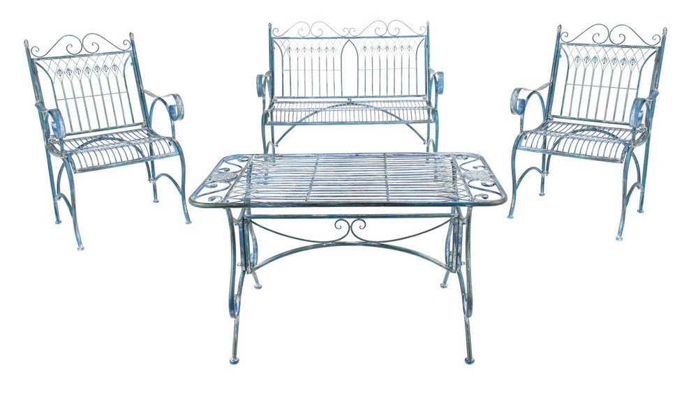 Leah 4 Piece Antique Blue Patio Set - Elegant Victorian Iron Loveseat, Chairs & Coffee Table