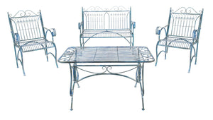 Leah 4 Piece Antique Blue Patio Set - Elegant Victorian Iron Loveseat, Chairs & Coffee Table