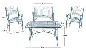 Leah 4 Piece Antique Blue Patio Set - Elegant Victorian Iron Loveseat, Chairs & Coffee Table