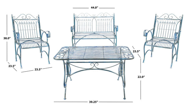 Leah 4 Piece Antique Blue Patio Set - Elegant Victorian Iron Loveseat, Chairs & Coffee Table