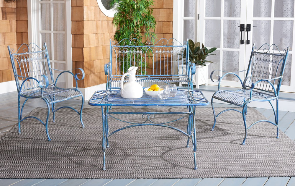 Leah 4 Piece Antique Blue Patio Set - Elegant Victorian Iron Loveseat, Chairs & Coffee Table