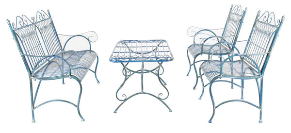 Leah 4 Piece Antique Blue Patio Set - Elegant Victorian Iron Loveseat, Chairs & Coffee Table