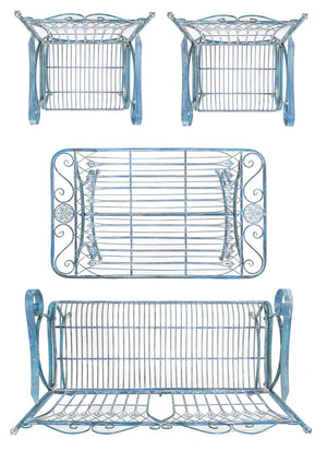 Leah 4 Piece Antique Blue Patio Set - Elegant Victorian Iron Loveseat, Chairs & Coffee Table