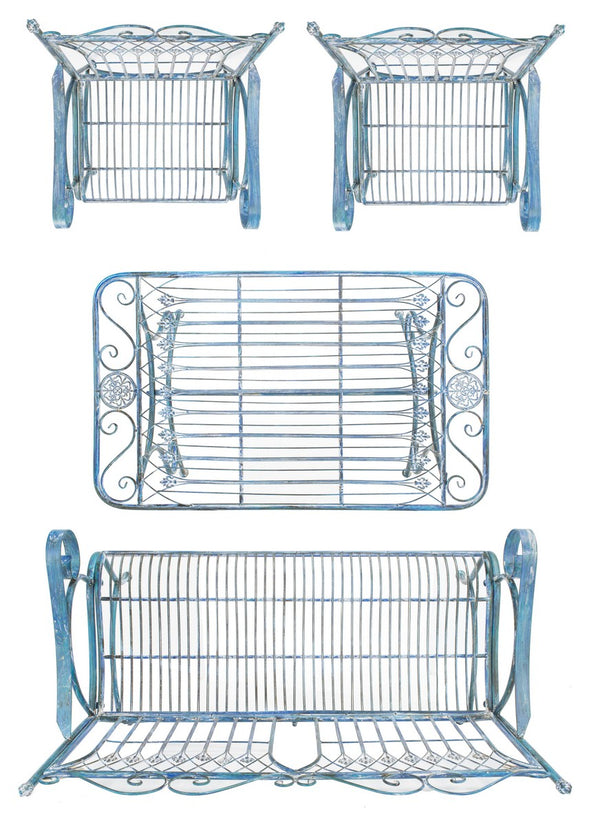Leah 4 Piece Antique Blue Patio Set - Elegant Victorian Iron Loveseat, Chairs & Coffee Table