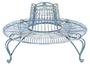 Ally Outdoor Tree Bench - Antique Blue Wrought Iron Garden Seating with Elegant Curved Design 60.25"