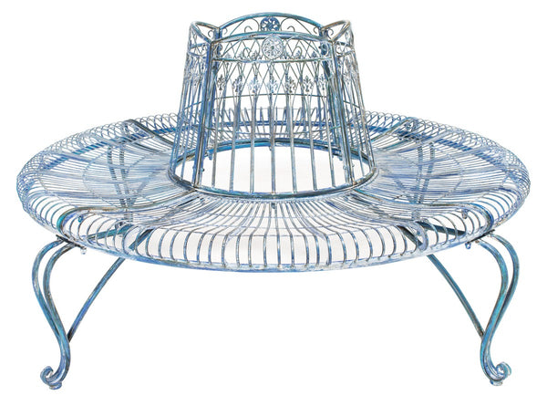 Ally Outdoor Tree Bench - Antique Blue Wrought Iron Garden Seating with Elegant Curved Design 60.25"