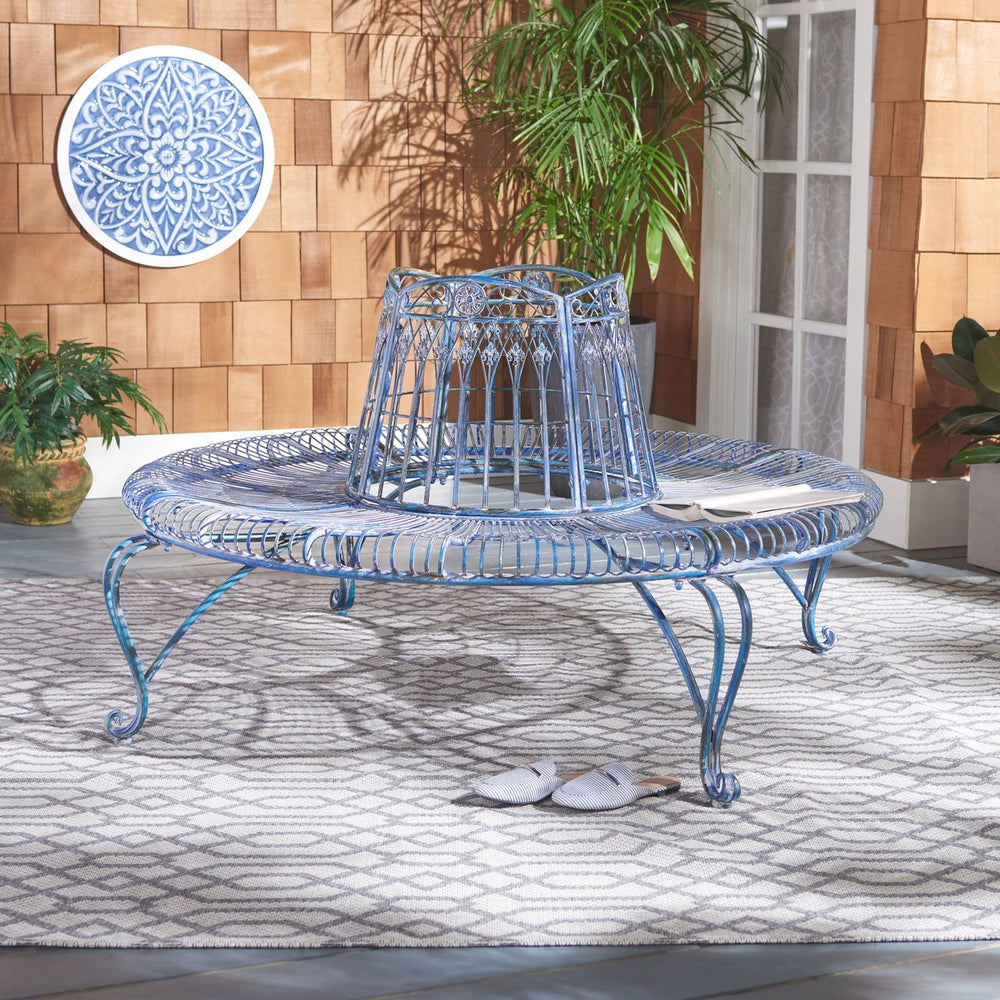 Ally Outdoor Tree Bench - Antique Blue Wrought Iron Garden Seating with Elegant Curved Design 60.25"