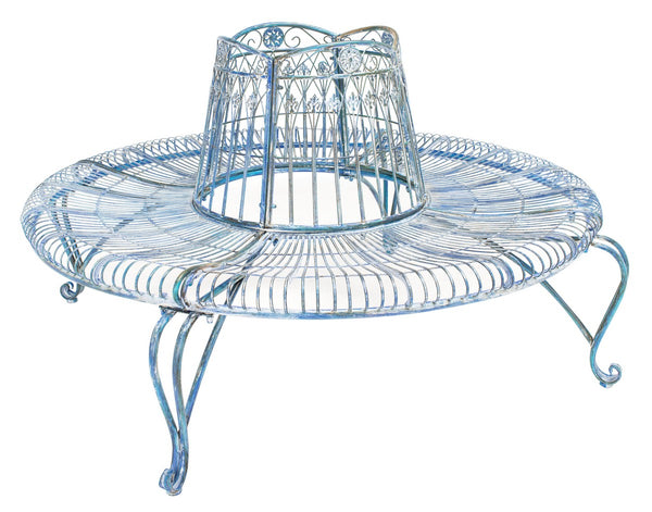 Ally Outdoor Tree Bench - Antique Blue Wrought Iron Garden Seating with Elegant Curved Design 60.25"