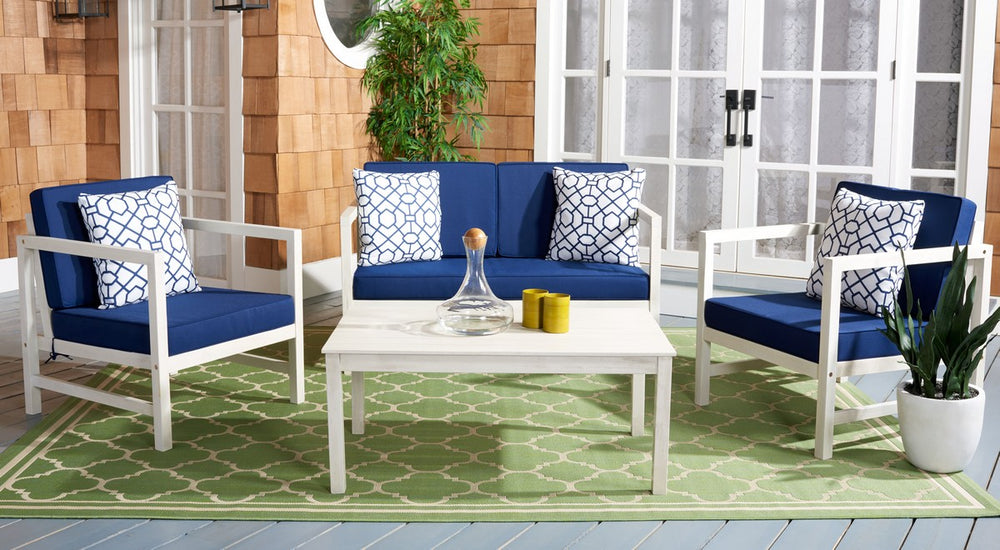 Montez 4 Piece Outdoor Patio Set with Chic Modern Design and Plush Trellis-Patterned Cushions