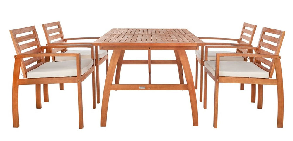 Venly Deluxe Outdoor Dining Set - Eucalyptus Wood Table & 4 Chic Chairs with Cushions, Natural Finish