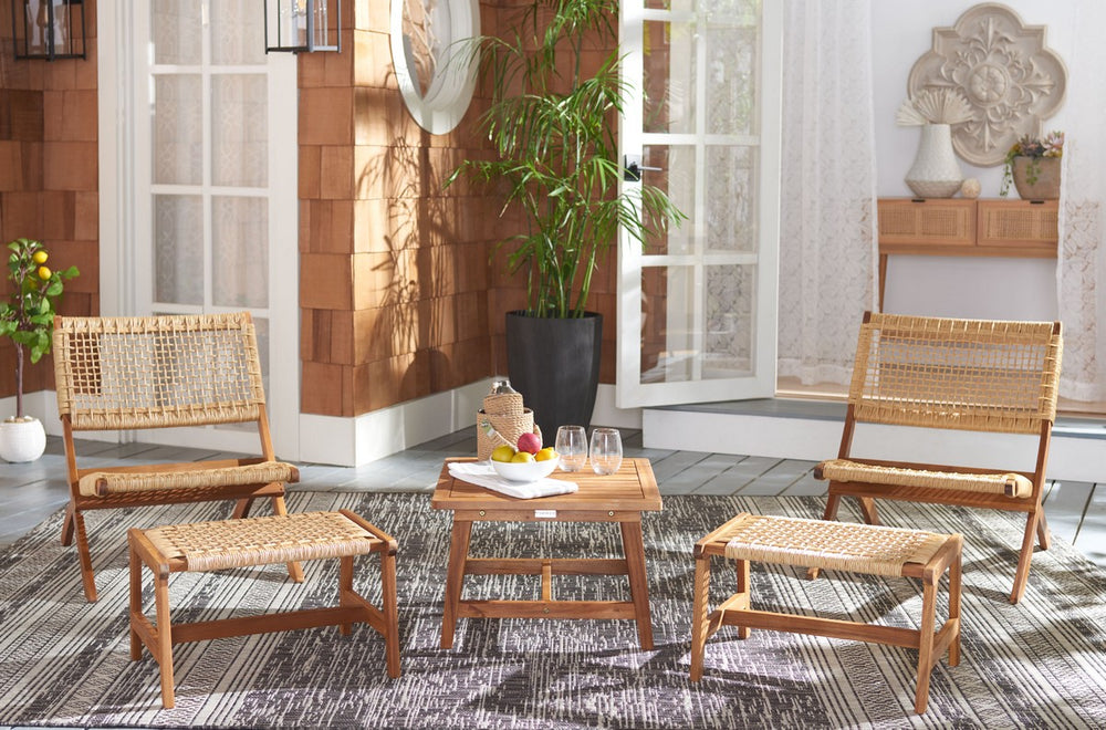 Casella Outdoor Acacia Wood Lounge Set with Chairs, Ottomans, and Stylish End Table for Relaxation