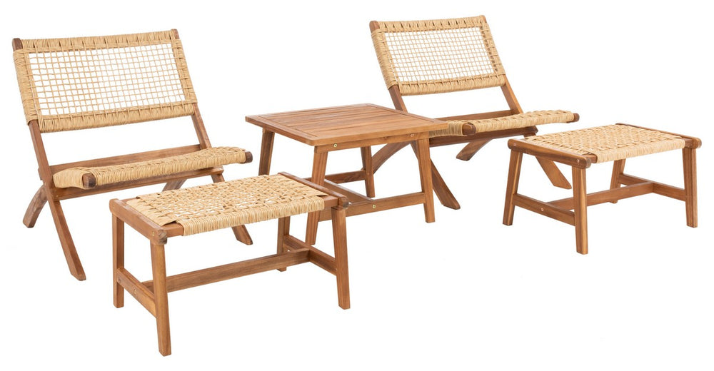 Casella Outdoor Acacia Wood Lounge Set with Chairs, Ottomans, and Stylish End Table for Relaxation