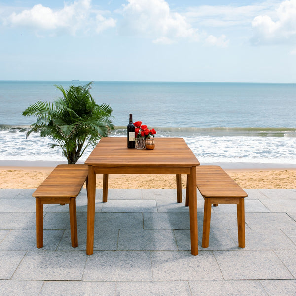 Europa Dining Set - Elegant Outdoor Acacia Table & Benches with Umbrella Hole for Backyard Fun