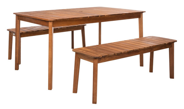 Europa Dining Set - Elegant Outdoor Acacia Table & Benches with Umbrella Hole for Backyard Fun