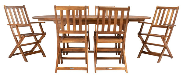 Hikaru Dining Set – Rustic Acacia Wood Outdoor Dining Ensemble with Umbrella Opening for Comfort