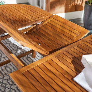 Hikaru Dining Set – Rustic Acacia Wood Outdoor Dining Ensemble with Umbrella Opening for Comfort