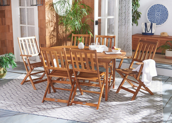 Hikaru Dining Set – Rustic Acacia Wood Outdoor Dining Ensemble with Umbrella Opening for Comfort