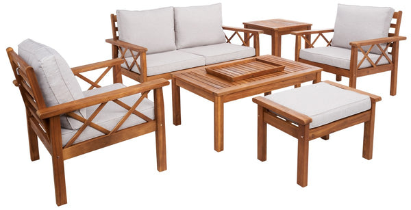 Safavieh Loanna 6Pc Outdoor Living Set Natural Wood/Light Grey Cushion Wood / Polyester PAT7307E-2BX