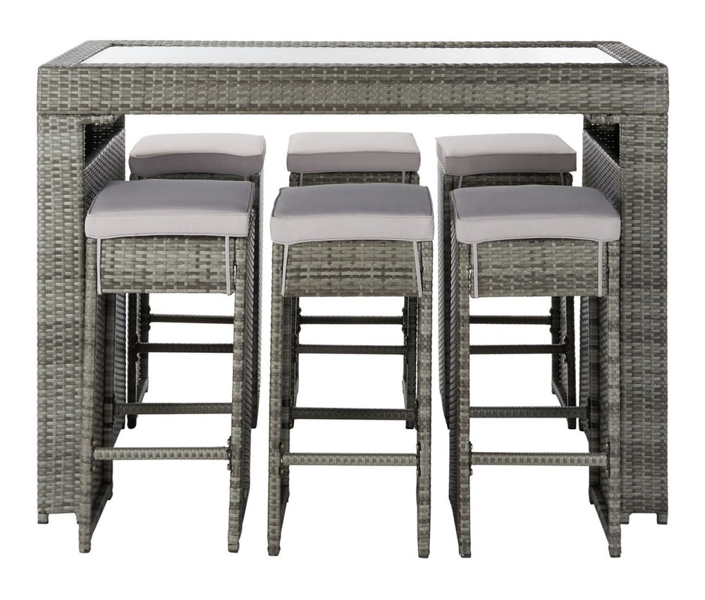 Horus Outdoor Dining Set: Stylish Black Table and Plush Beige Stools for Chic Patio Gatherings