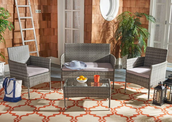 Abdul 4 Piece Outdoor Living Set with Chic-Modern Design, Plush Cushions, and Glass Table