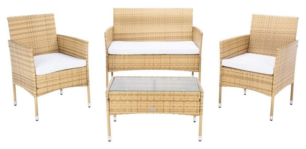 Abdul 4 Piece Outdoor Living Set - Modern Wicker with Chic Cushions and Stylish Glass Table