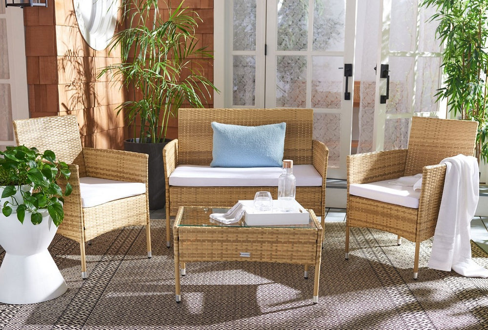Abdul 4 Piece Outdoor Living Set - Modern Wicker with Chic Cushions and Stylish Glass Table