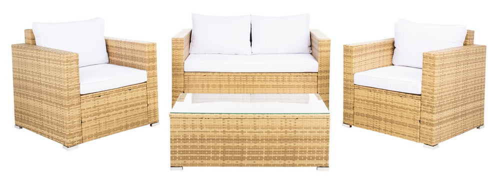 Machie 4 Piece Outdoor Living Set - Elegant Wicker Frame with Plush Cushions & Glass Coffee Table